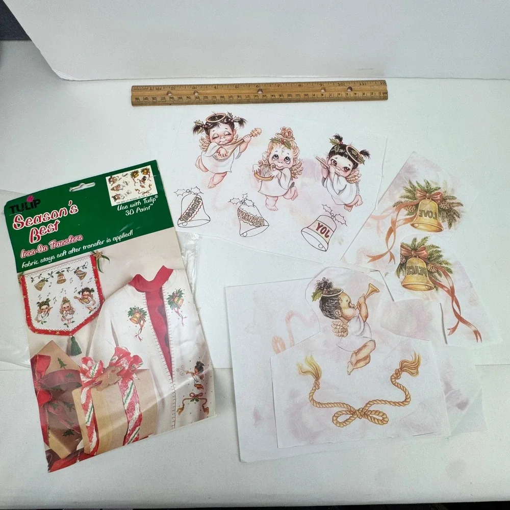 Lot of 6 Vtg 90s Christmas Holiday Rub on Transfers Santa Snowman Angels READ